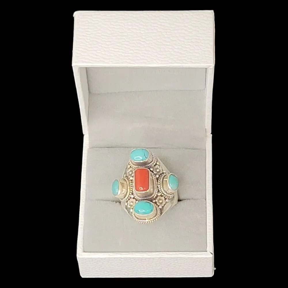 Heavy Native‎ American Turquoise Coral Sterling Silver Ring 9 Adjustable 13.27g
